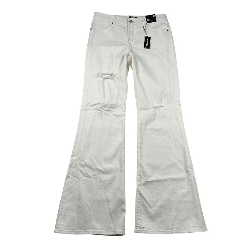 Express Jeans Womens 8r 70s Flare Mid Rise White Distressed Conscious Edit Disco